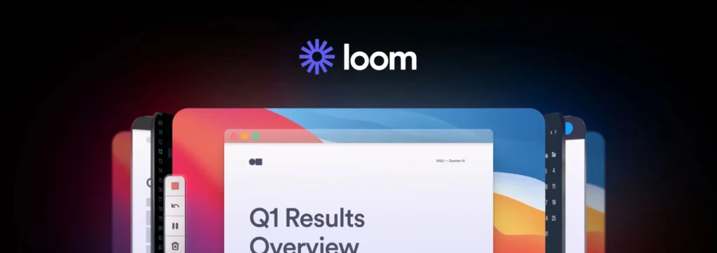 A digital graphic showcasing Loom's Q1 Results Overview. The image features a desktop screen displaying a document with colorful abstract designs in the background, and the Loom logo at the top.